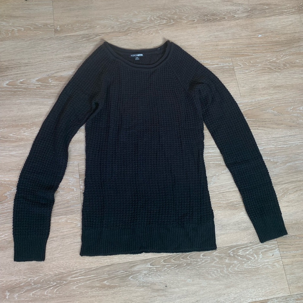 Fashion Nova Black Ariana Waffle Knit Crewneck Sweater Size M